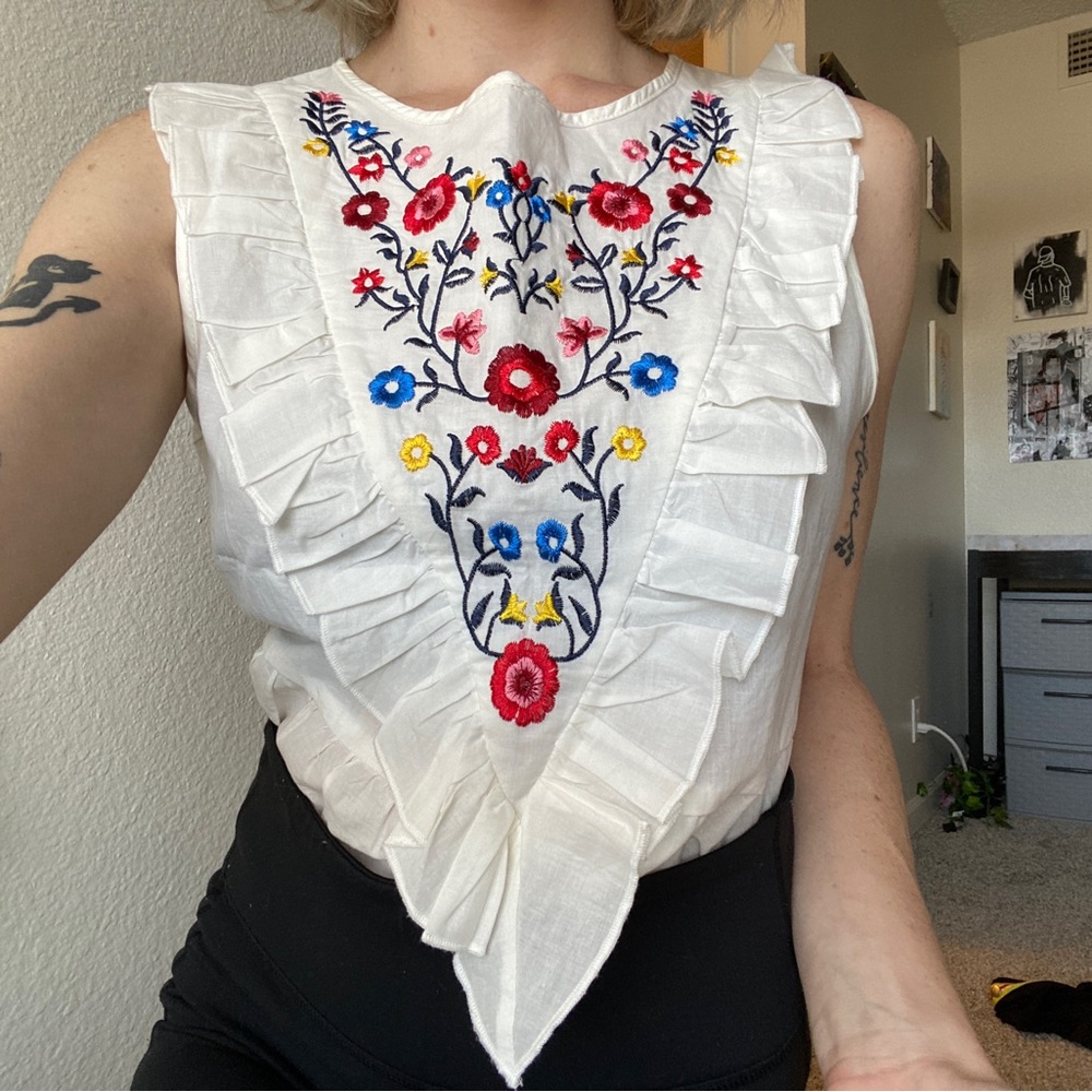 White Embroidered Flower Blouse